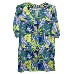 Stella Parker Island Collection Dress Womens Sz Large Blue Hawaiian Print V-Neck